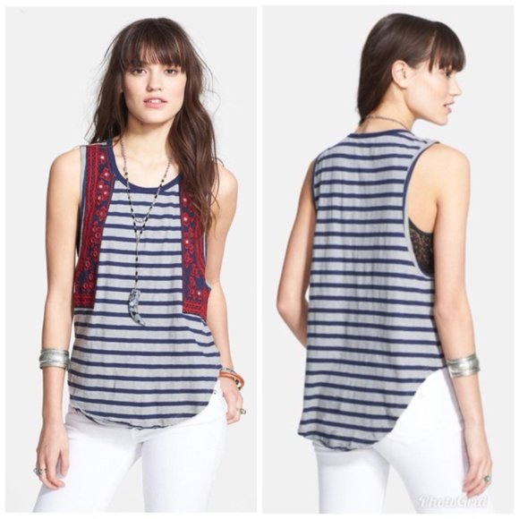 Free People Tops - Free People Embroidered Striped Tank